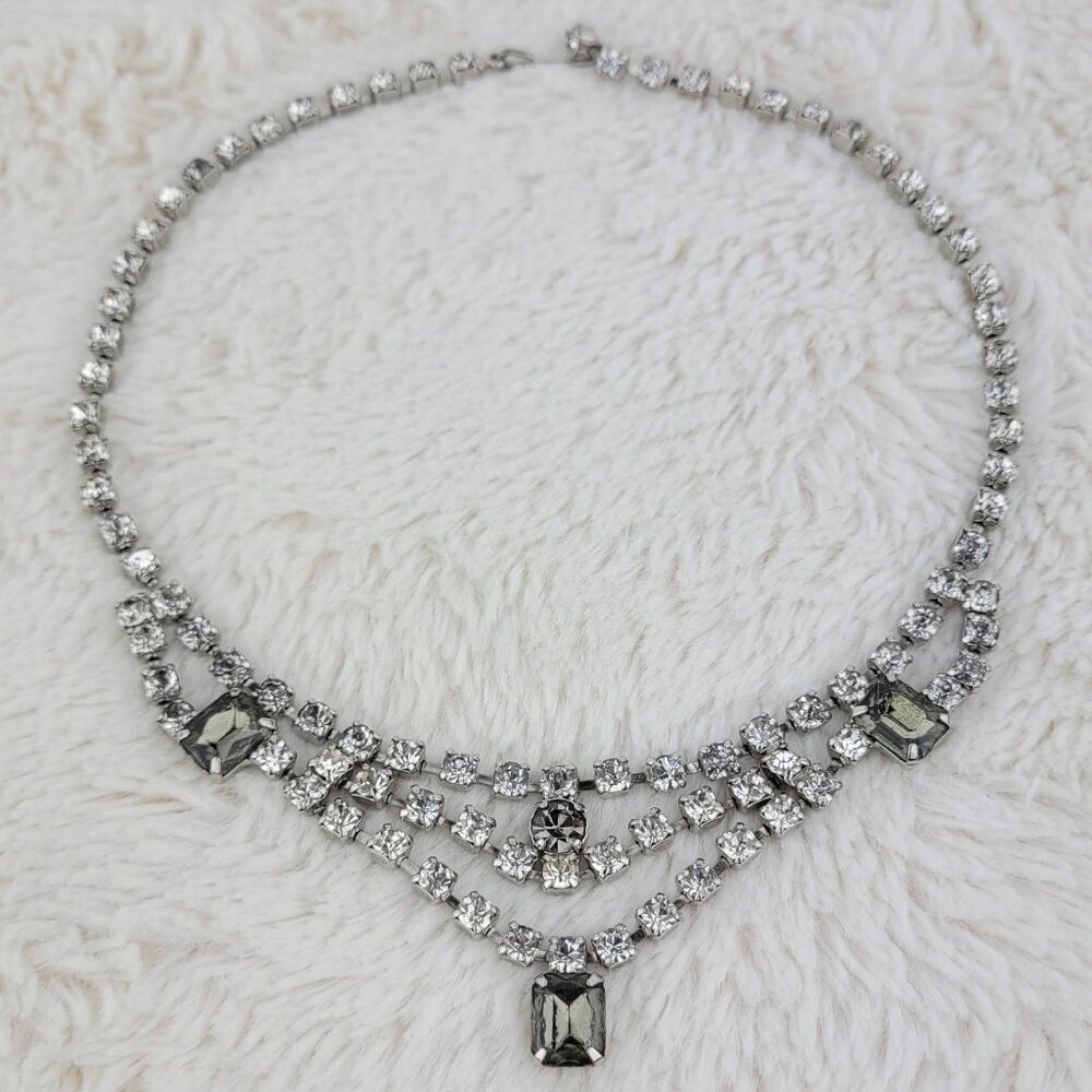 1950s Vintage Necklace with Multiple Strands of Clear and Gray Rhinestones